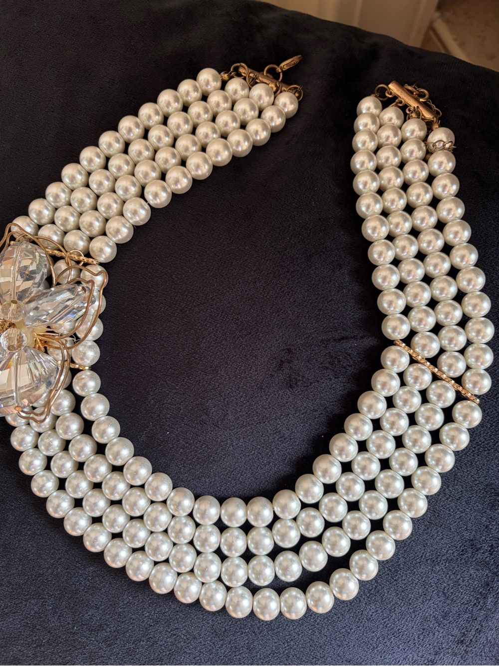 Pearl Multi-Strand Statement Necklace with Crystal Flower Accent